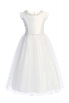 White Satin and Tulle Dress with Pearl Neckline and Waist